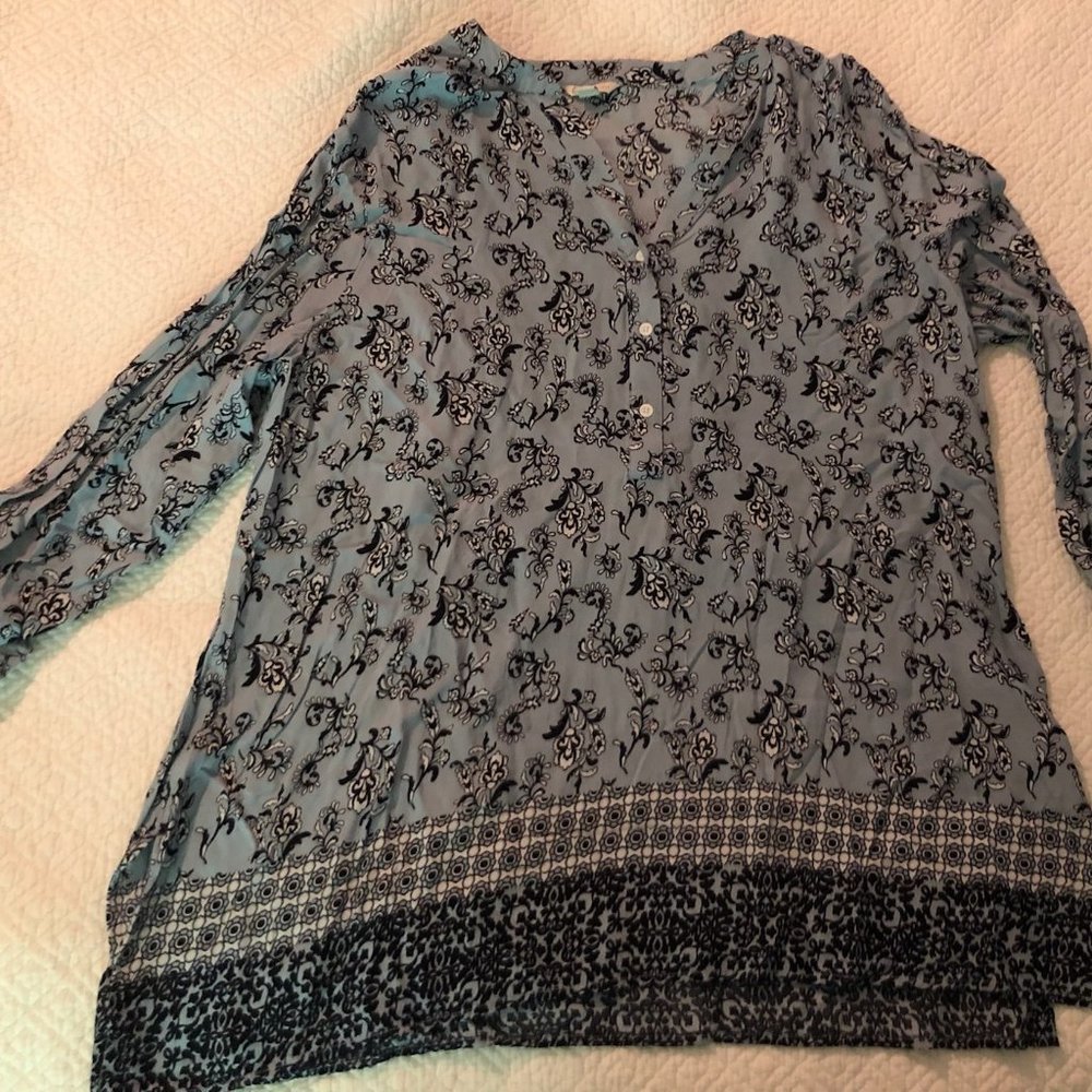 Women's Plus 18/20W Blue Print Long Sleeve Top